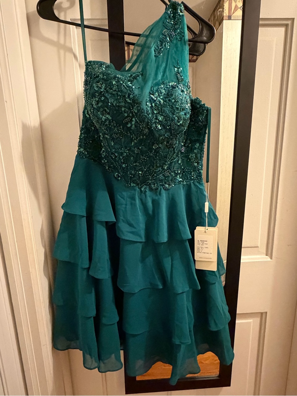 Teal One-Shoulder Beaded Ruffle Cocktail Dress